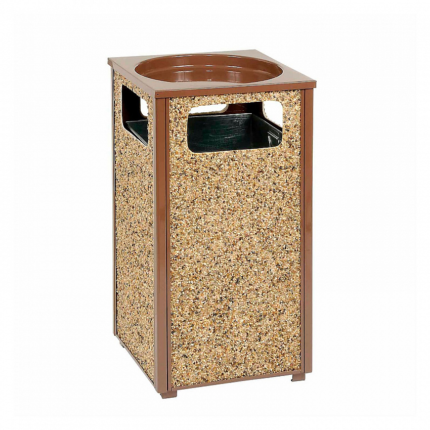 Stone Panel All Weather Trash Receptacle Urn, Open Ashtray Top, 24 gal, Steel, Brown (238243BN)