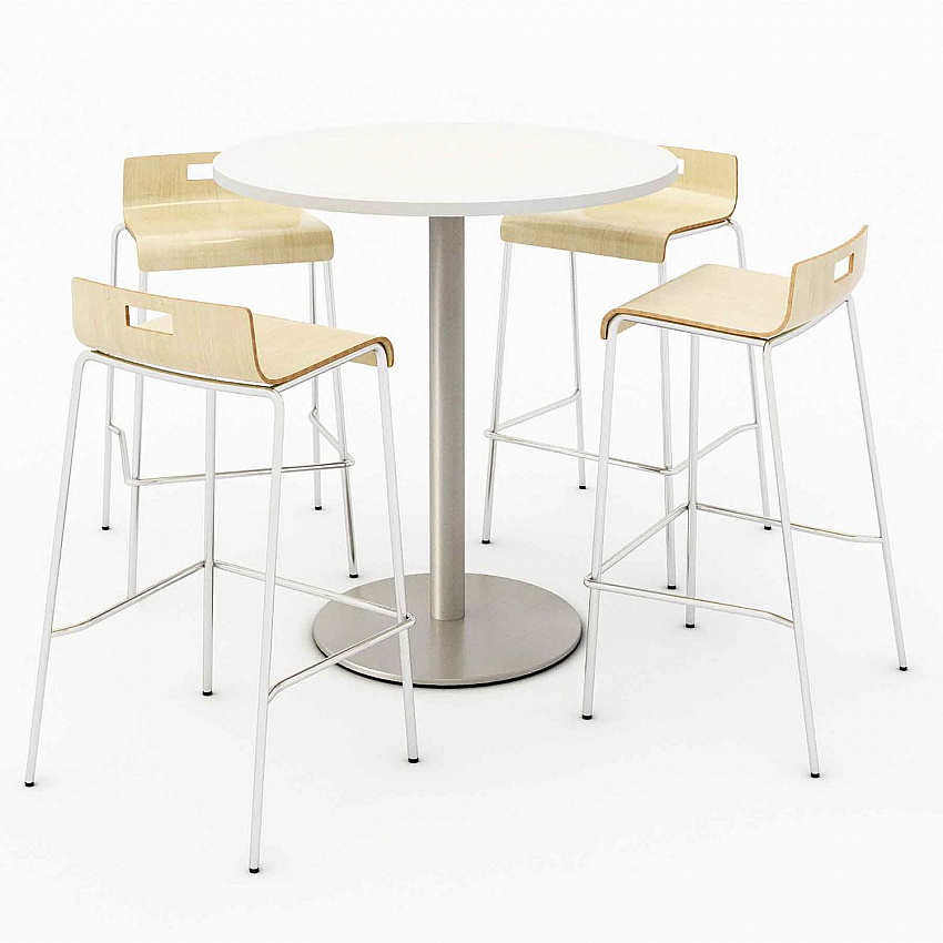 Pedestal Bistro Table with Four Natural Jive Series Barstools, Round, 36" Dia x 41h, Designer White (840031900104)