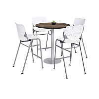 Pedestal Bistro Table with Four White Kool Series Barstools, Round, 36" Dia x 41h, Studio Teak (811774037273)
