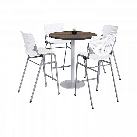 Pedestal Bistro Table with Four White Kool Series Barstools, Round, 36