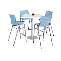 Pedestal Bistro Table with Four Sky Blue Kool Series Barstools, Round, 36" Dia x 41h, Designer White (811774037143)