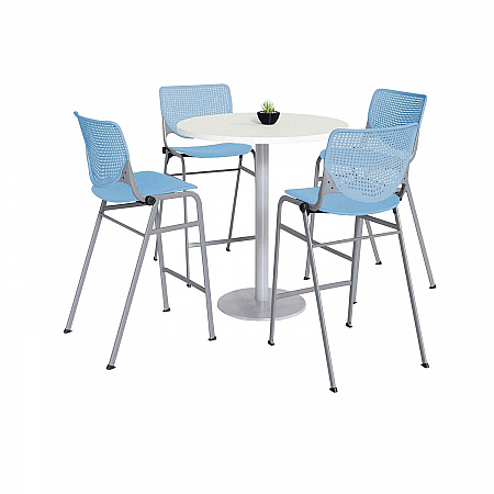 Pedestal Bistro Table with Four Sky Blue Kool Series Barstools, Round, 36