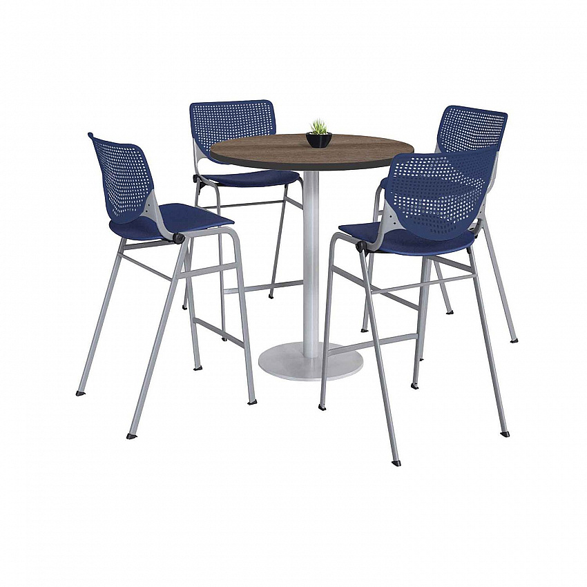 Pedestal Bistro Table with Four Navy Kool Series Barstools, Round, 36" Dia x 41h, Studio Teak (811774037266)