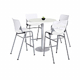 Pedestal Bistro Table with Four White Kool Series Barstools, Round, 36" Dia x 41h, Designer White (811774037075)