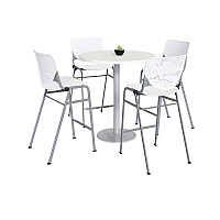 Pedestal Bistro Table with Four White Kool Series Barstools, Round, 36" Dia x 41h, Designer White (811774037075)