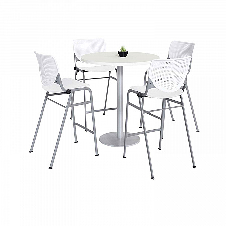 Pedestal Bistro Table with Four White Kool Series Barstools, Round, 36