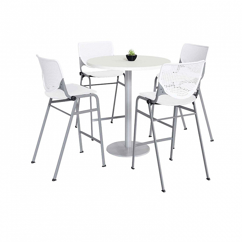 Pedestal Bistro Table with Four White Kool Series Barstools, Round, 36" Dia x 41h, Designer White (811774037075)