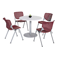 Pedestal Table with Four Burgundy Kool Series Chairs, Round, 36" Dia x 29h, Designer White (811774036672)
