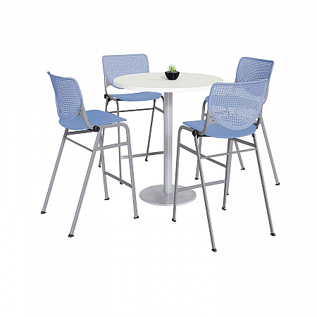 Pedestal Bistro Table with Four Periwinkle Kool Series Barstools, Round, 36
