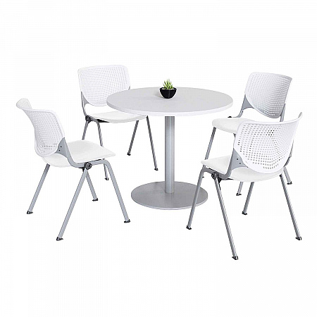Pedestal Table with Four White Kool Series Chairs, Round, 36