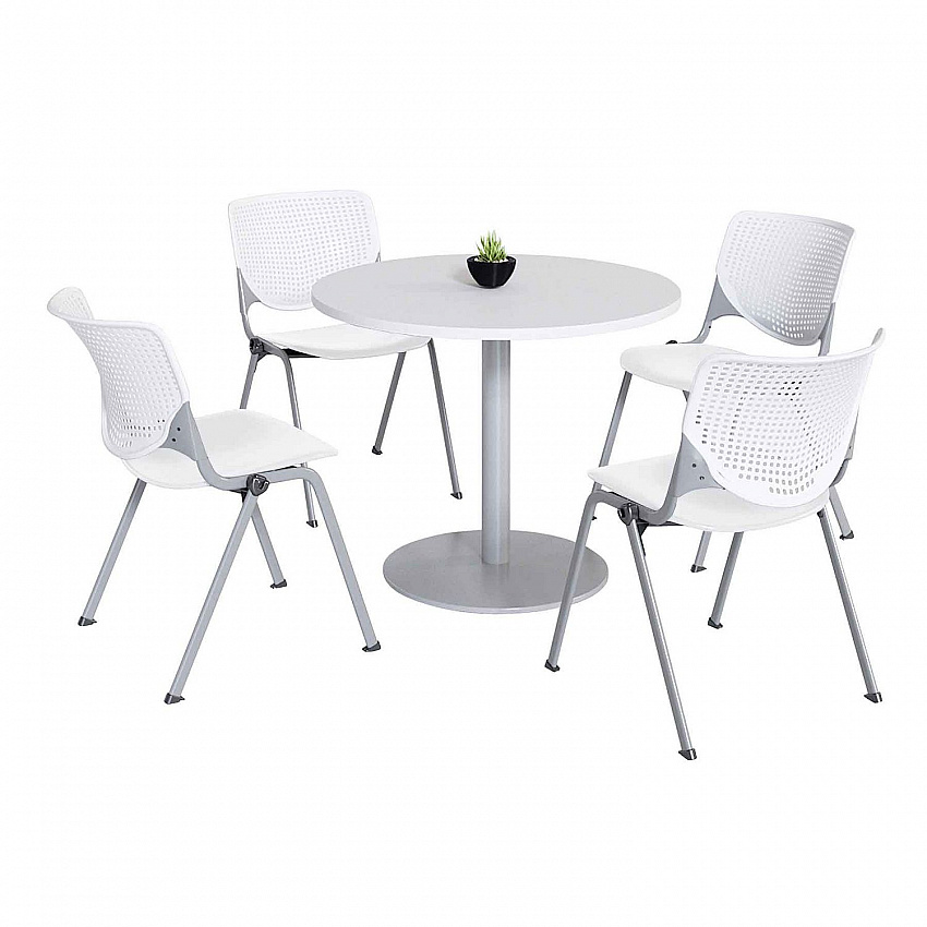 Pedestal Table with Four White Kool Series Chairs, Round, 36" Dia x 29h, Designer White (811774036689)