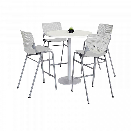 Pedestal Bistro Table with Four Light Gray Kool Series Barstools, Round, 36