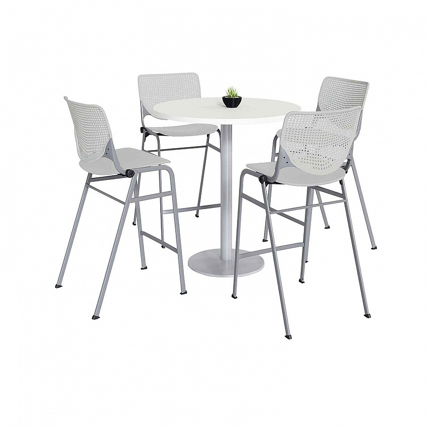 Pedestal Bistro Table with Four Light Gray Kool Series Barstools, Round, 36" Dia x 41h, Designer White (811774037105)