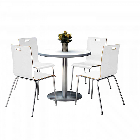 Pedestal Table with Four White Jive Series Chairs, Round, 36