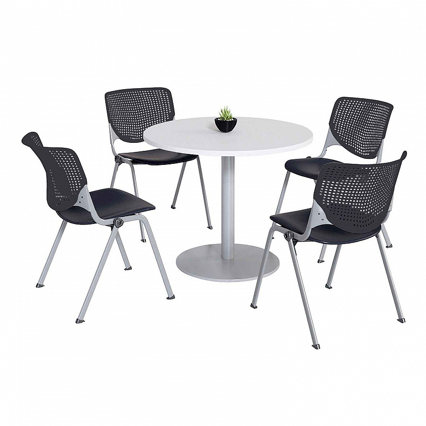 Pedestal Table with Four Black Kool Series Chairs, Round, 36" Dia x 29h, Designer White (811774036696)