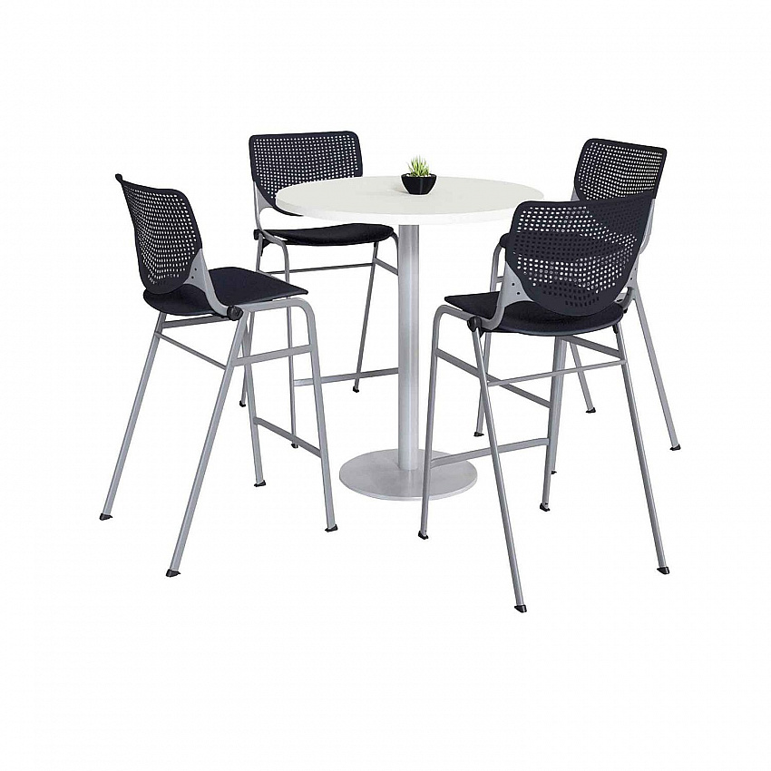 Pedestal Bistro Table with Four Black Kool Series Barstools, Round, 36" Dia x 41h, Designer White (811774037082)