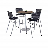 Pedestal Bistro Table with Four Black Kool Series Barstools, Round, 36" Dia x 41h, Studio Teak (811774037280)