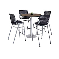 Pedestal Bistro Table with Four Black Kool Series Barstools, Round, 36" Dia x 41h, Studio Teak (811774037280)