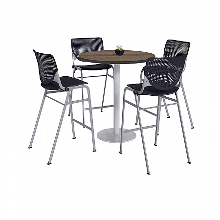 Pedestal Bistro Table with Four Black Kool Series Barstools, Round, 36" Dia x 41h, Studio Teak (811774037280)