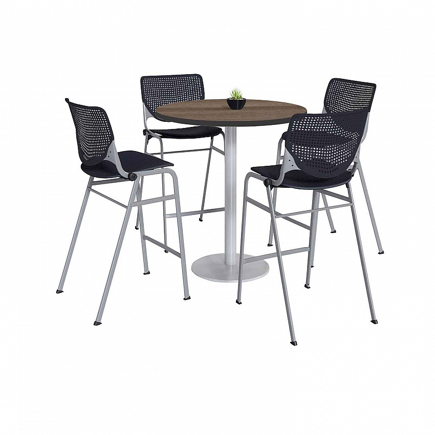 Pedestal Bistro Table with Four Black Kool Series Barstools, Round, 36" Dia x 41h, Studio Teak (811774037280)