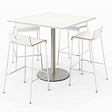 Pedestal Bistro Table with Four White Jive Series Barstools, Square, 36 x 36 x 41, Designer White (811774039918)
