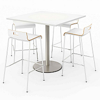 Pedestal Bistro Table with Four White Jive Series Barstools, Square, 36 x 36 x 41, Designer White (811774039918)