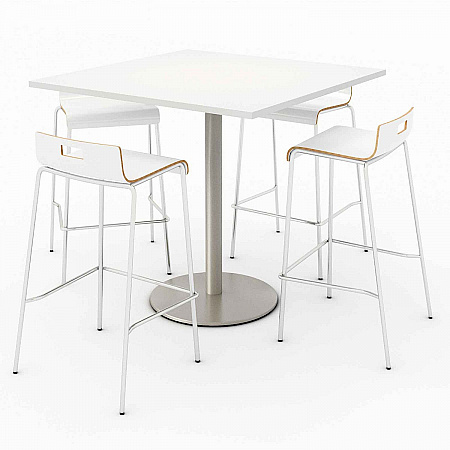 Pedestal Bistro Table with Four White Jive Series Barstools, Square, 36 x 36 x 41, Designer White (811774039918)