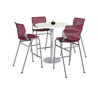 Pedestal Bistro Table with Four Burgundy Kool Series Barstools, Round, 36" Dia x 41h, Designer White (811774037068)