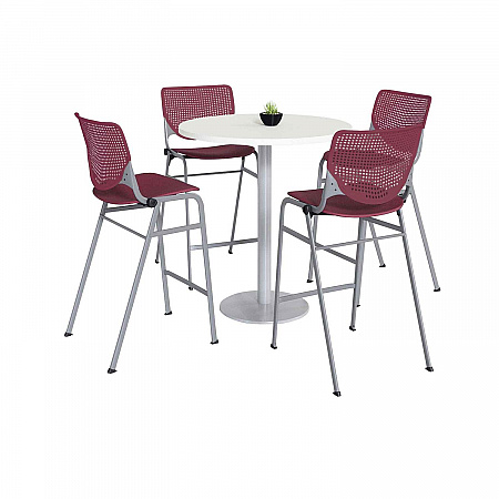 Pedestal Bistro Table with Four Burgundy Kool Series Barstools, Round, 36