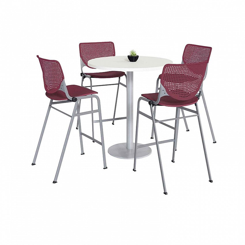 Pedestal Bistro Table with Four Burgundy Kool Series Barstools, Round, 36" Dia x 41h, Designer White (811774037068)