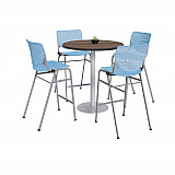 Pedestal Bistro Table with Four Sky Blue Kool Series Barstools, Round, 36" Dia x 41h, Studio Teak (811774037297)