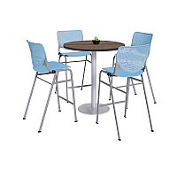 Pedestal Bistro Table with Four Sky Blue Kool Series Barstools, Round, 36" Dia x 41h, Studio Teak (811774037297)