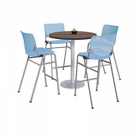 Pedestal Bistro Table with Four Sky Blue Kool Series Barstools, Round, 36" Dia x 41h, Studio Teak (811774037297)