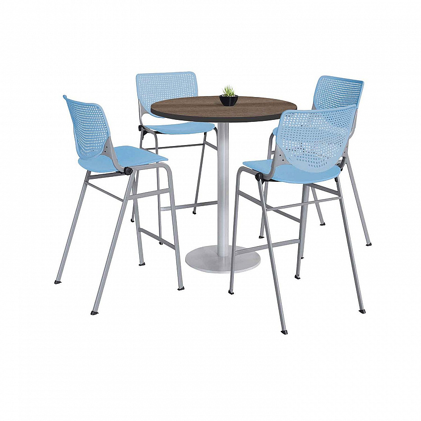 Pedestal Bistro Table with Four Sky Blue Kool Series Barstools, Round, 36" Dia x 41h, Studio Teak (811774037297)