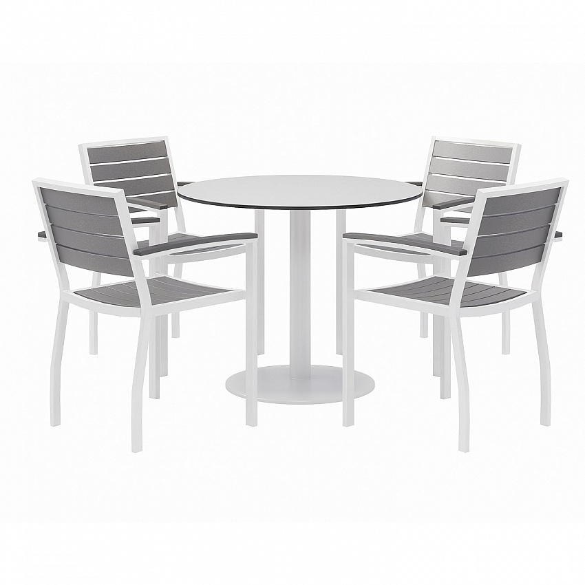 Eveleen Outdoor Patio Table, Four Gray Powder-Coated Polymer Chairs, Round, 36" Dia x 29h, White (840031918499)