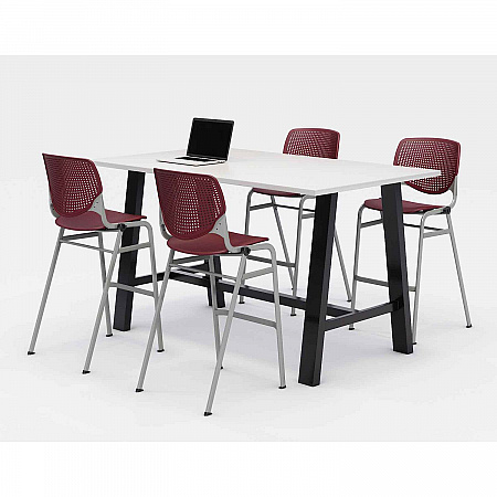 Midtown Bistro Dining Table with Four Burgundy Kool Barstools, 36 x 72 x 41, Designer White (840031900555)