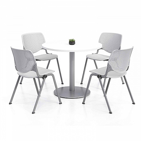 Pedestal Table with Four Light Gray Kool Series Chairs, Round, 36