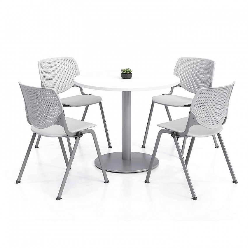 Pedestal Table with Four Light Gray Kool Series Chairs, Round, 36" Dia x 29h, Designer White (811774036719)
