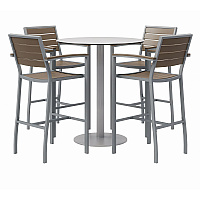 Eveleen Outdoor Bistro Patio Table with Four Mocha Powder-Coated Polymer Barstools, Round, 41"h, Gray (840031918505)