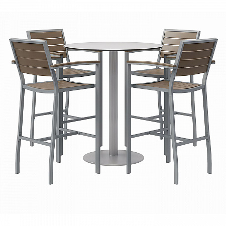 Eveleen Outdoor Bistro Patio Table with Four Mocha Powder-Coated Polymer Barstools, Round, 41