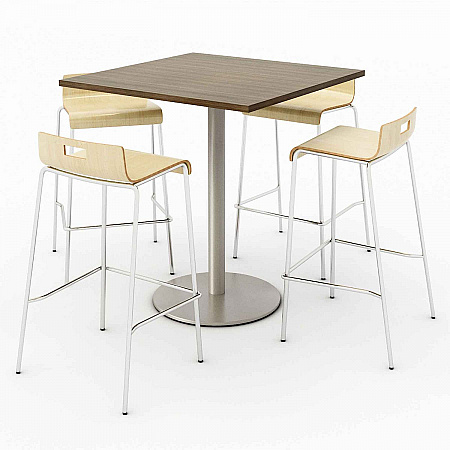 Pedestal Bistro Table with Four Natural Jive Series Barstools, Square, 36 x 36 x 41, Studio Teak (811774039925)