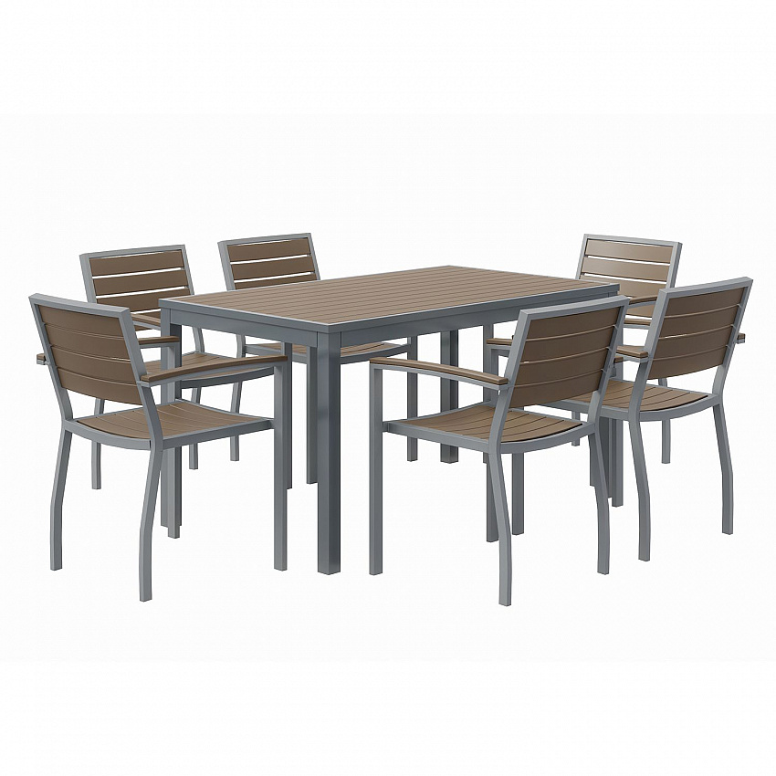 Eveleen Outdoor Patio Table with Six Mocha Powder-Coated Polymer Chairs, 32 x 55 x 29, Mocha (840031918529)