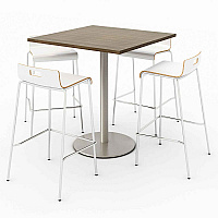 Pedestal Bistro Table with Four White Jive Series Barstools, Square, 36 x 36 x 41, Studio Teak (811774039932)