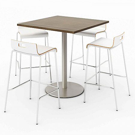 Pedestal Bistro Table with Four White Jive Series Barstools, Square, 36 x 36 x 41, Studio Teak (811774039932)