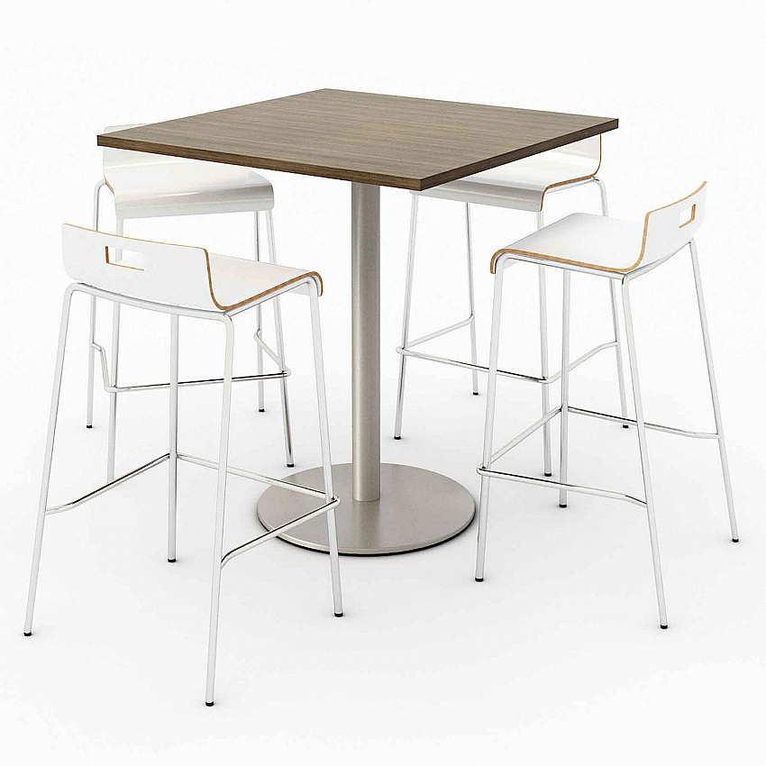 Pedestal Bistro Table with Four White Jive Series Barstools, Square, 36 x 36 x 41, Studio Teak (811774039932)