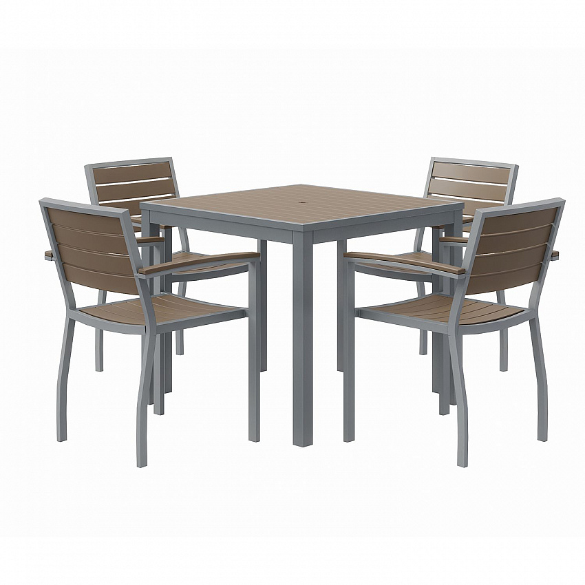 Eveleen Outdoor Patio Table with Four Mocha Powder-Coated Polymer Chairs, Square, 32", Mocha (840031918543)