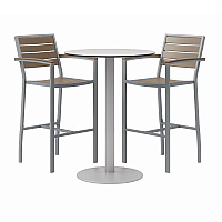 Eveleen Outdoor Bistro Patio Table, Two Mocha Powder-Coated Polymer Barstools, Round, 30" Dia x 41h, Gray (840031918468)