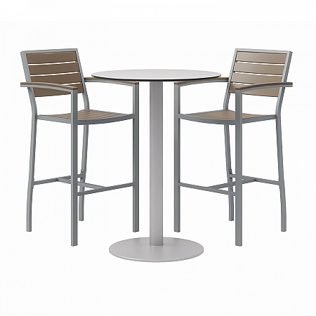 Eveleen Outdoor Bistro Patio Table, Two Mocha Powder-Coated Polymer Barstools, Round, 30