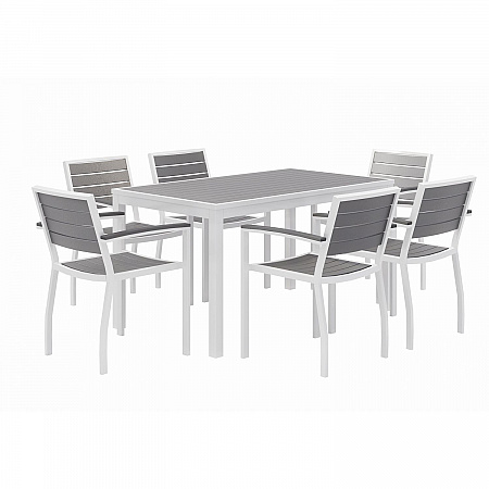 Eveleen Outdoor Patio Table with Six Gray Powder-Coated Polymer Chairs, 32 x 55 x 29, Gray (840031918536)