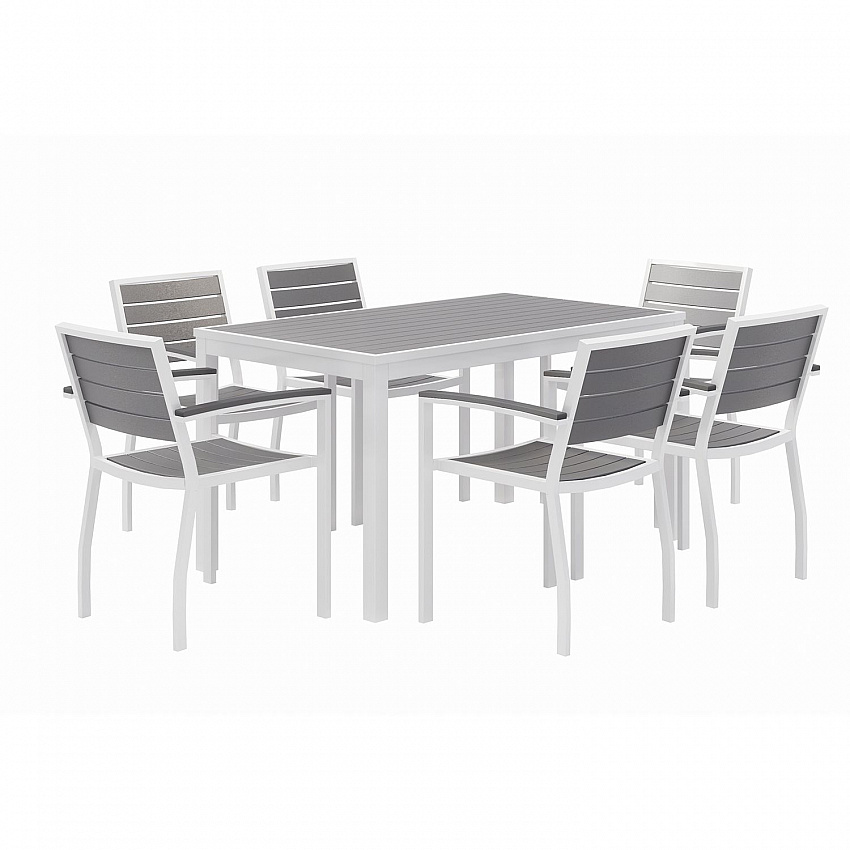 Eveleen Outdoor Patio Table with Six Gray Powder-Coated Polymer Chairs, 32 x 55 x 29, Gray (840031918536)
